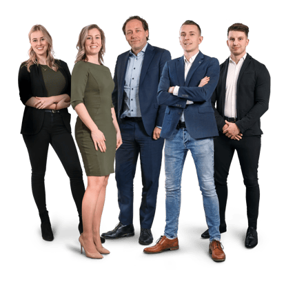 Teamfoto van de accountmanagers Chantal, Gudy, Jan, Ronald en Aaron