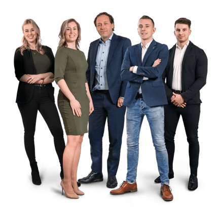 Teamfoto van de accountmanagers Chantal, Gudy, Jan, Ronald en Aaron