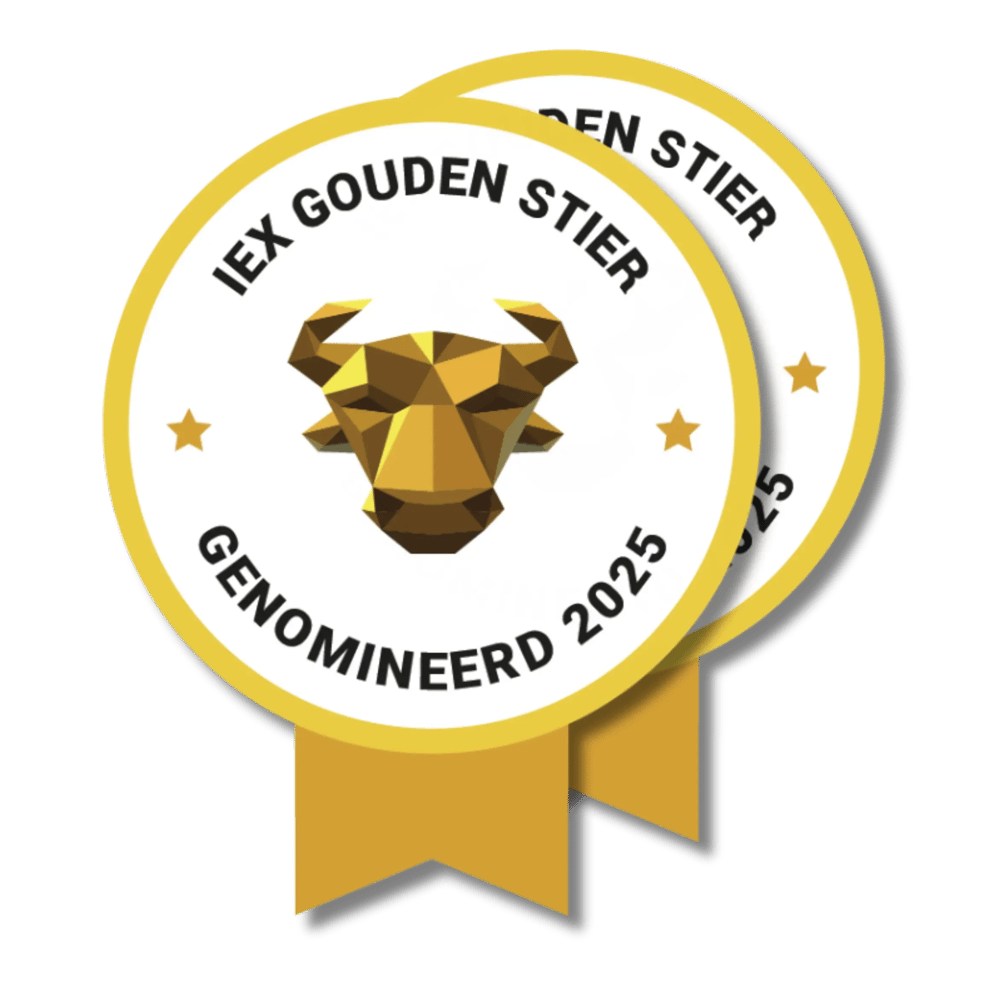Axento Dubbele nominatie IEX Gouden Stier 2025 badge Beste Vermogensbeheerder en Beste Pensioenaanbieder