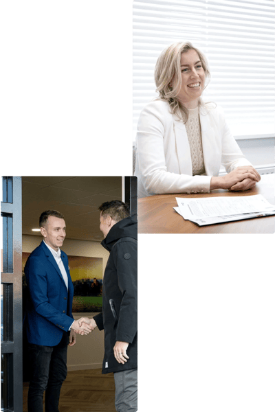 "Collage van beleggingsadviseurs in gesprek met klanten: een adviseur ontvangt een bezoeker bij binnenkomst en een andere adviseur bespreekt documenten aan een bureau."