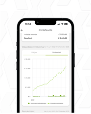 Waardeontwikkeling portefeuille in de Axento-app, met maandelijkse inleg en een gestaag stijgende lijn vanaf juni 2022.