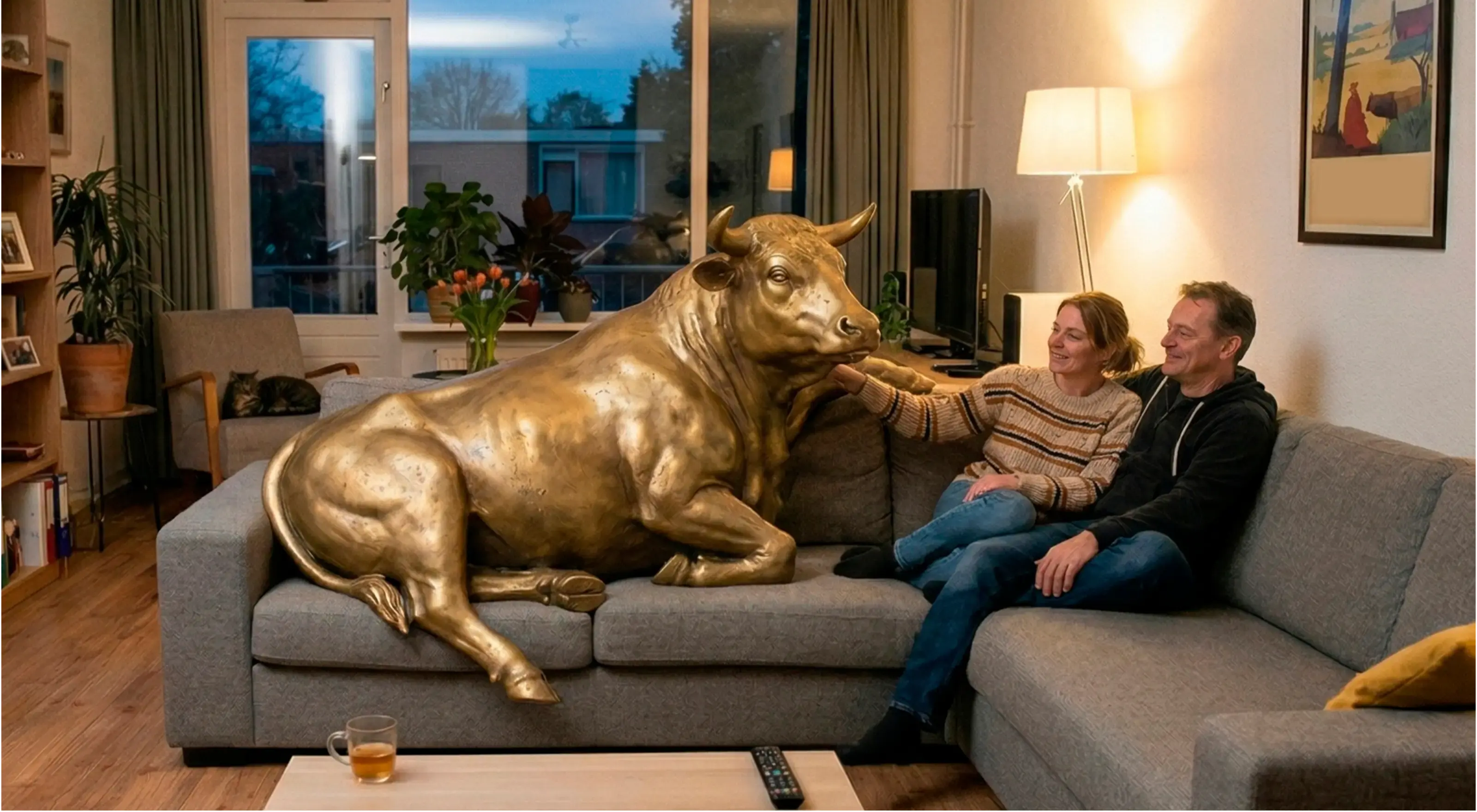 Er ligt een Gouden Stier op de bank naast een man en vrouw die lachend naar de stier kijken.