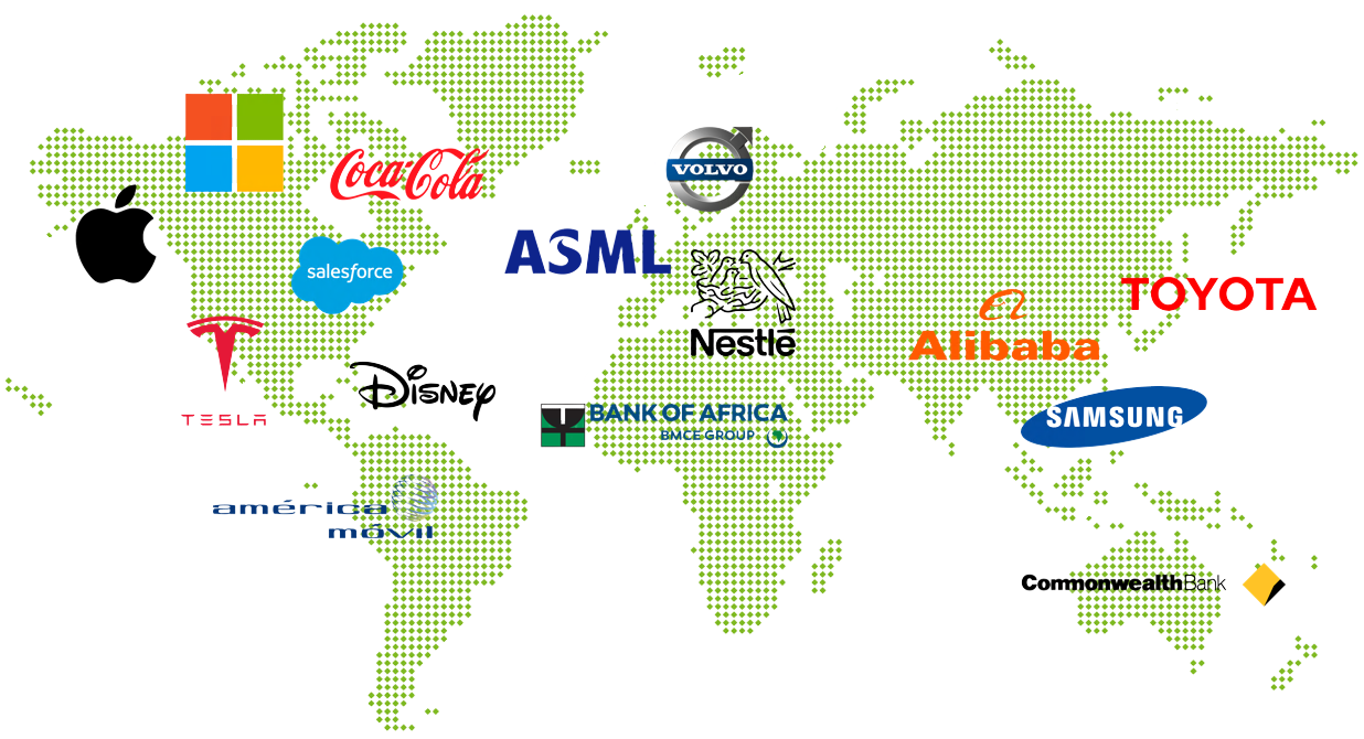 Wereldkaart met bedrijven over de hele wereld.